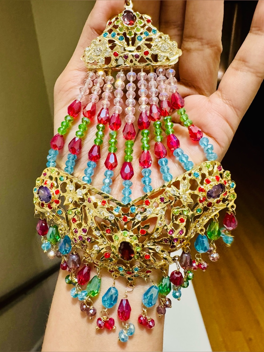 Gold-Tone Multicolor Beaded Statement Jhapta - Pink Red Blue Green